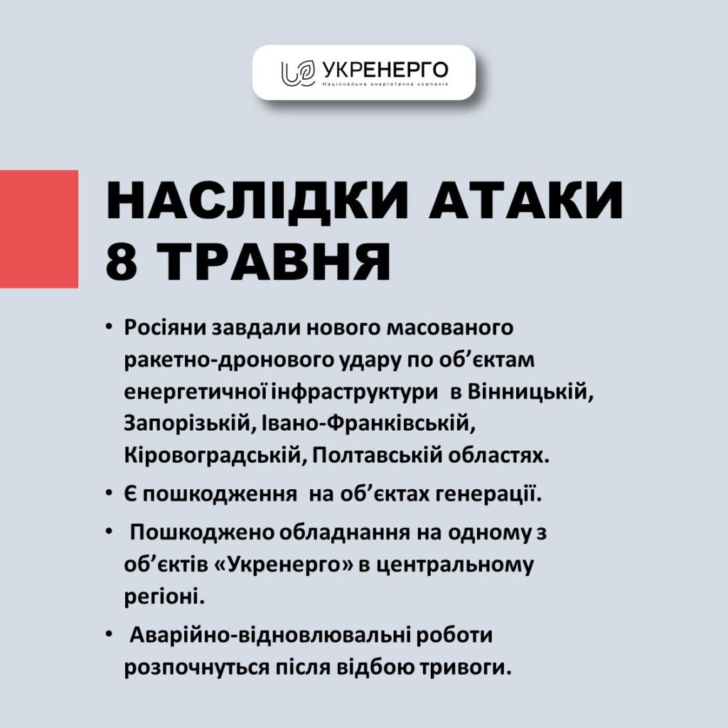 Унаслідок нічної атаки пошкоджені об’єкти генерації “Укренерго”