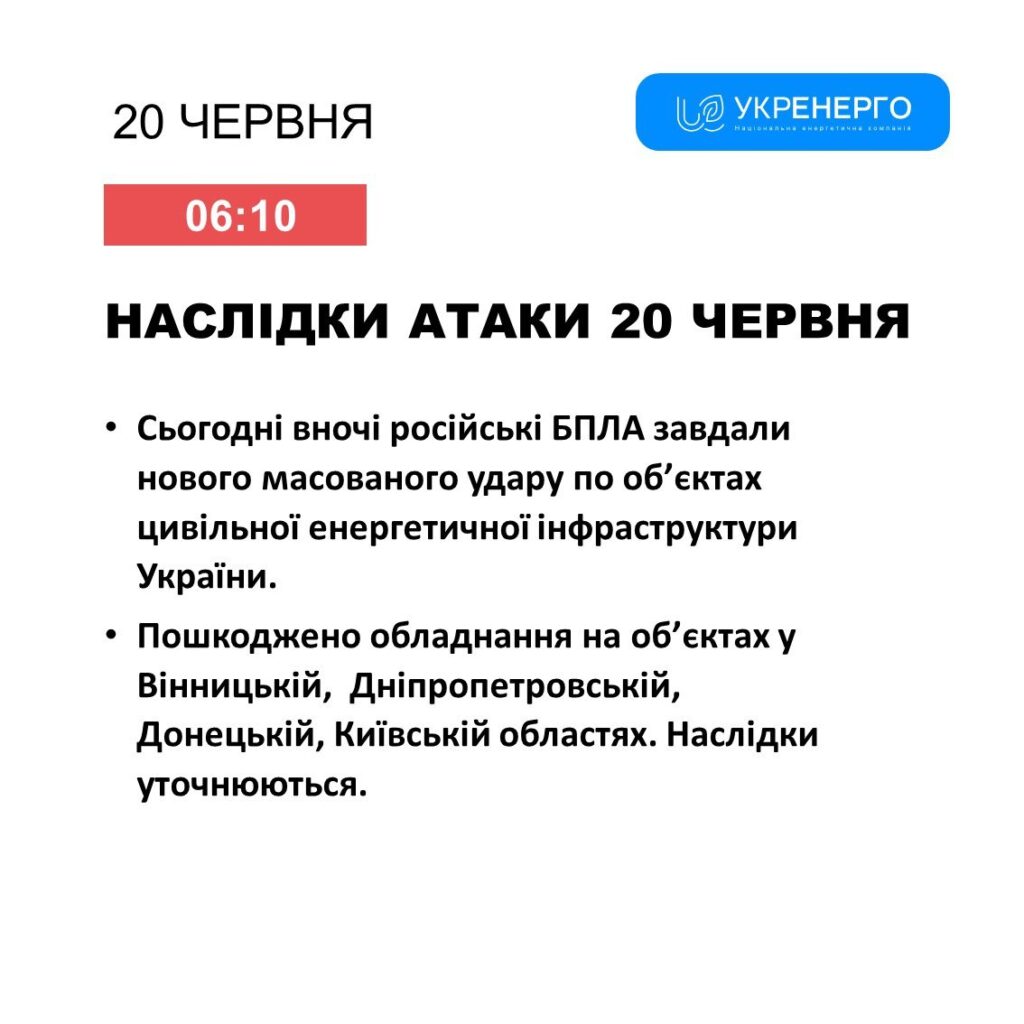 Нічний масований ворожий удар по енергоінфраструктурі: наслідки