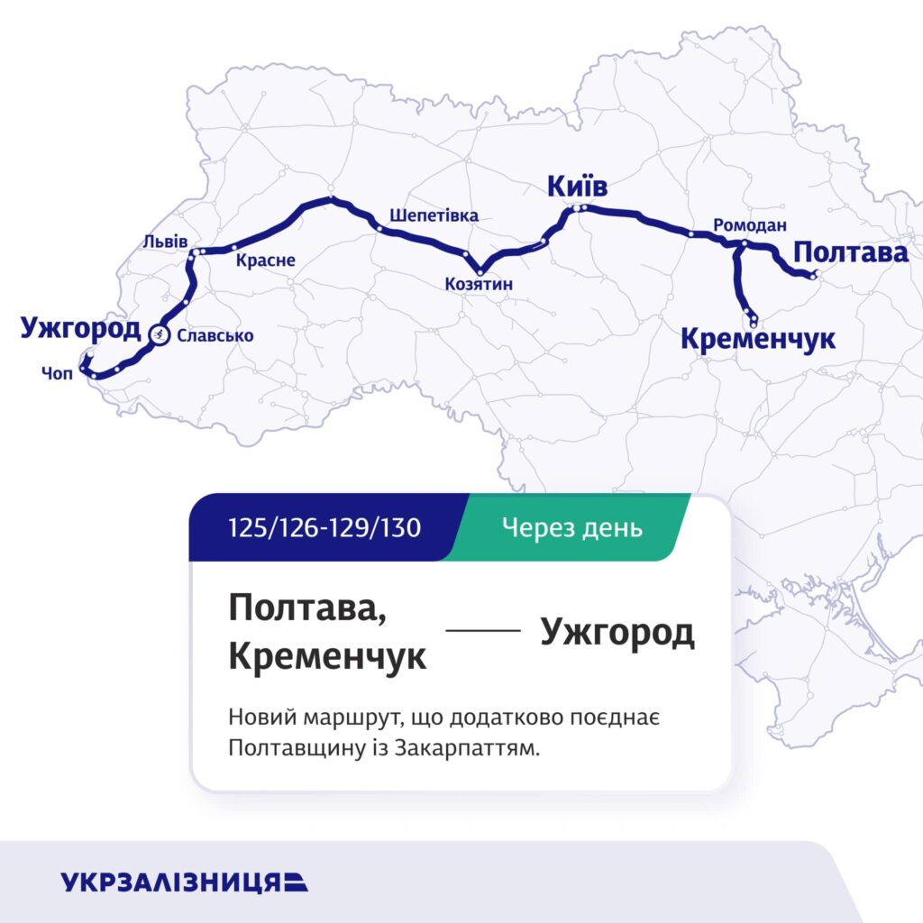Нові напрямки Укрзалізниці: «Transcarpathia», +5 рейсів до гір та інші 4 Усі точки маршруту Полтава, Кременчук - Ужгород
