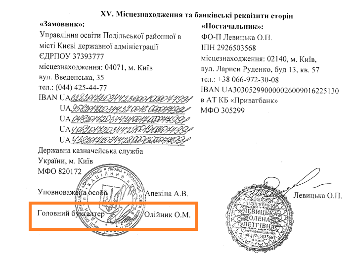 Обід з присмаком корупції: посуд для шкільного укриття обійшовся бюджету у 150 тисяч 1 Підпис головного бухгалтера у договорі про закупівлю одноразового посуду